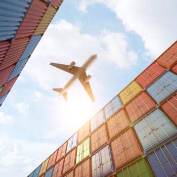 3d rendering cargo plane flying above stack of containers at container port